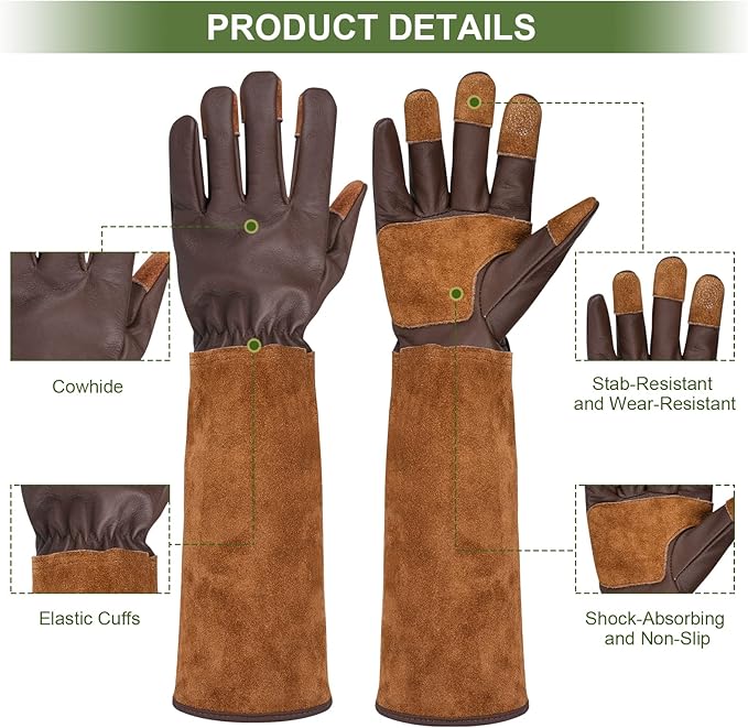 Long Gardening Gloves for Women Thorn Proof,Rose Pruning Cowhide Leather Garden Gloves for Cactus, Rose and Blackberry