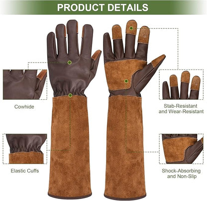 Long Gardening Gloves for Women Thorn Proof,Rose Pruning Cowhide Leather Garden Gloves for Cactus, Rose and Blackberry