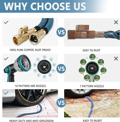 100 ft Expandable Garden Hose -2025 New Upgraded Durable Latex Core,3/4 Brass Connector and 10 Functions Spray Nozzle, Extra Strength Fabric, Leak-proof, Lightweight, Kink-free Expanding Water Hoses