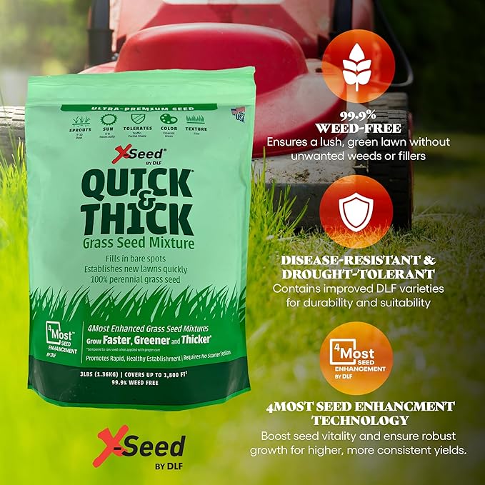 X-Seed Ultra Premium Quick and Thick Lawn Seed Mixture – Rapid Germination for Any Lawn, Dense Coverage in Sun to Shade, High-Traffic Areas, Fescue, Kentucky Blue, & Perennial Ryegrass Blend, 3lb Bag