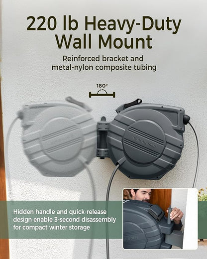 GLAHODEN Retractable Garden Hose Reel 5/8 in x 90 ft, 2025 Upgraded Dual Ratchet Lock UV & Freeze Protection Brass Seal Slow Retraction Anti-Tangle Hose 180°Swivel Reinforced Scaffold Wall Mount