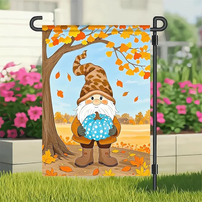 Fall Gnome Garden Flag 12x18 Inch Double Sided Autumn Gnome Holding Blue Pumpkin Yard Flags Harvest Banner for Thanksgiving Porch Lawn Outdoor Decoration