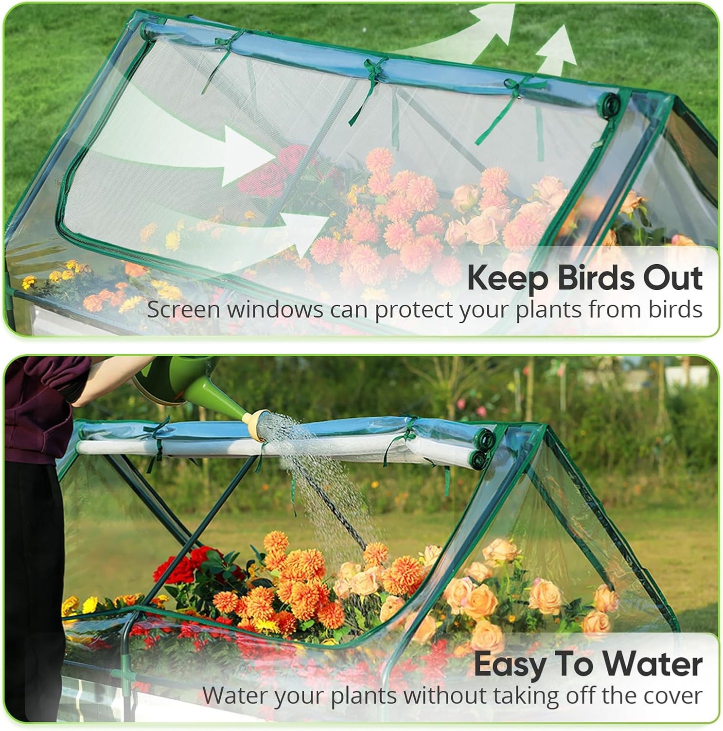 Quictent Raised Garden Bed with Cover Outdoor Galvanized Metal Planter Box Kit, w/ 2 Large Screen Windows Mini Greenhouse 20pcs T Tags 1 Pair of Gloves Included for Growing Vegetables 6x3x1ft (Clear)