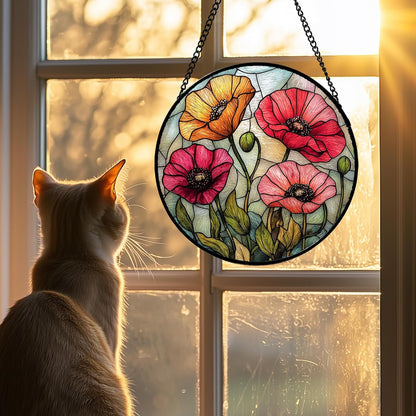 Stained Glass Suncatcher, Red Orange Poppy Flowers Sun Catcher Silver Background Wildflowers Window Hanging Decor Christmas Mother Birthday Gifts for Women Men Mom Nana 7.8 in
