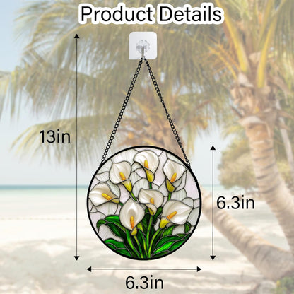 Stained Glass Window Hanging, White Calla Lily Suncatcher Diamond Glass Panel Hangings Flowers Sun Catchers Decor for Birthday for Women, Men, Wife, Aunt, and Mom 6.3 in