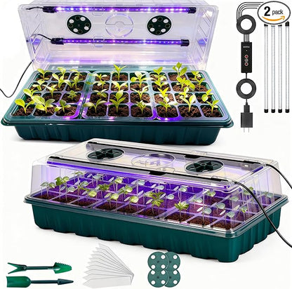 Seed Starter Tray with Grow Light, 2 Pack 72 Cells Seed Starter Kit with Humidity Dome, Indoor Seedling Starter Tray, Adjustable Brightness Plant Germination Trays