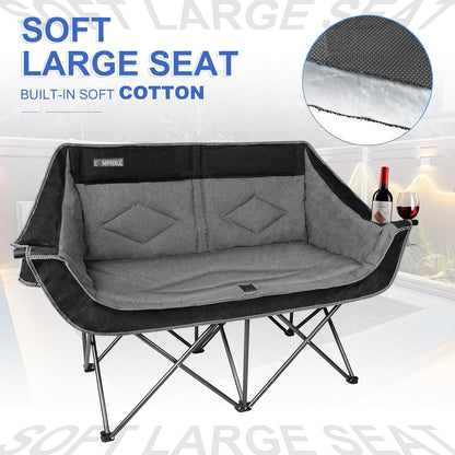 Oversized Double Camping Chair-Heavy Duty 2 Person Folding Loveseat Camp Couch for Adults,Portable Outdoor Lawn Chairs with Padded Seat for Fishing,Sports and Patio,Supports 500 LBS,Black
