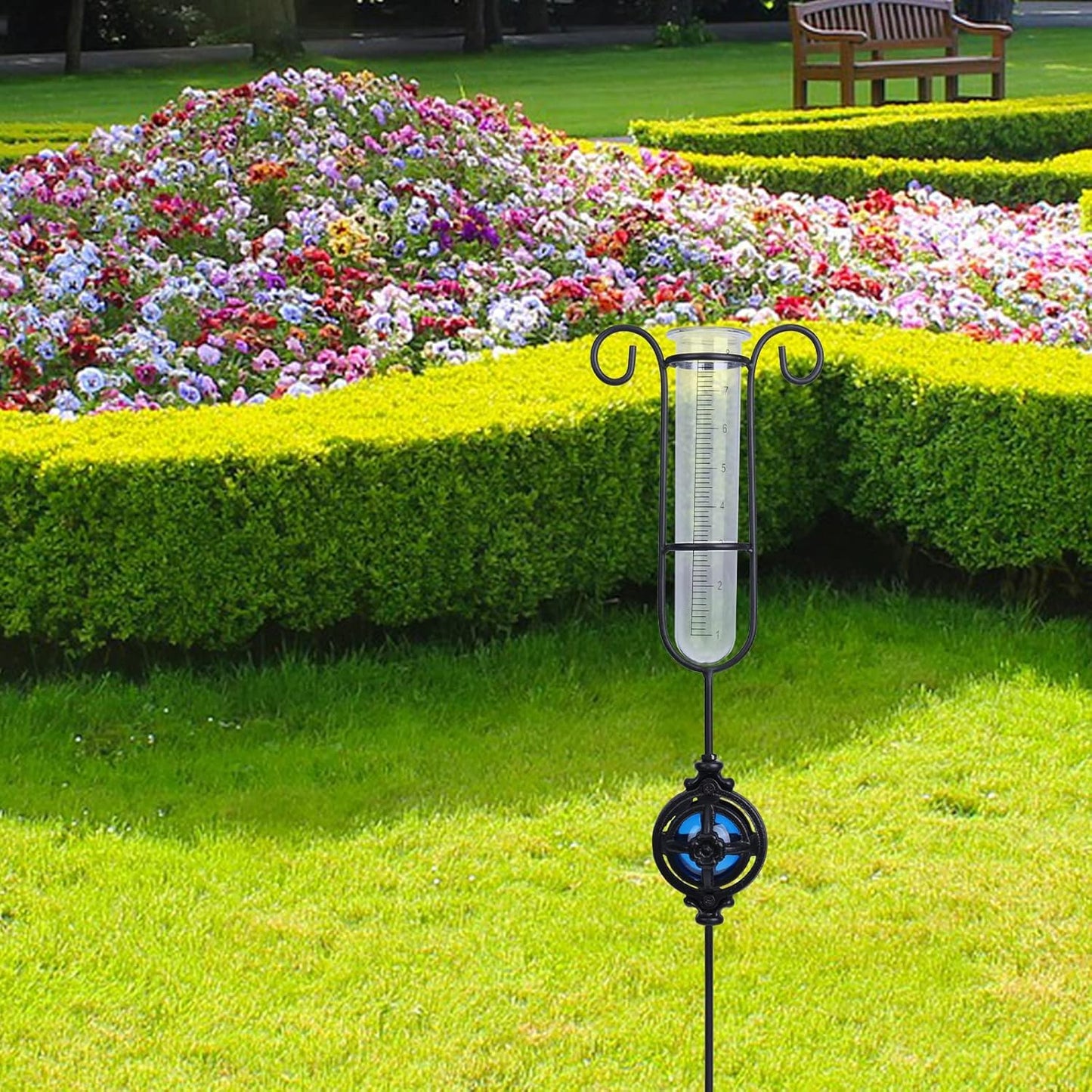 MUMTOP Rain Gauge Outdoor, Metal Gazing Ball Decorative with Stake for Lawn, Yard and Garden(Blue)