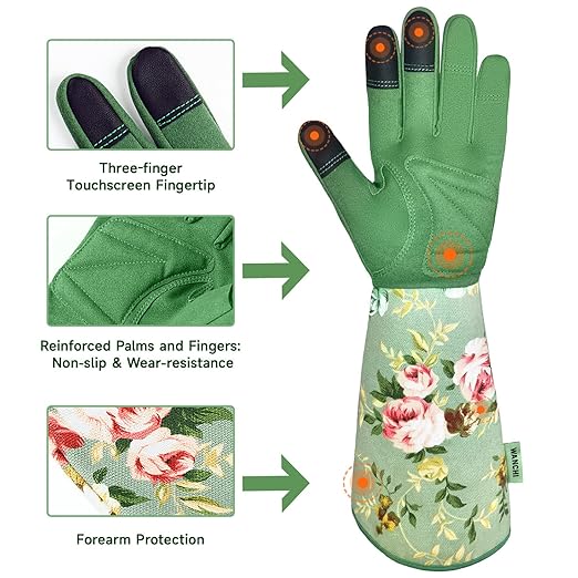 Gardening Gloves, Durable and Comfortable Women's Long Garden Gloves for Gardening Work and Yard Work, Leather Gardening Gloves for Women, Green Print (Medium)