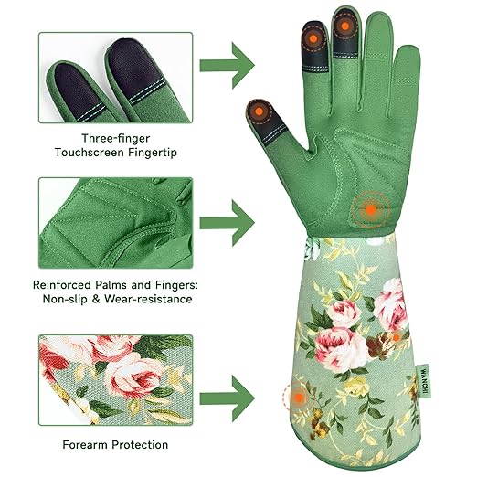 Gardening Gloves for Women, Comfortable Floral Long Sleeve Garden Gloves for Gardening and Outdoor Work, Durable Leather Long Gardening Gloves, Great Gift Ideas for Ladies, Green Print (Large)