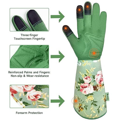 Gardening Gloves for Women, Comfortable Floral Long Sleeve Garden Gloves for Gardening and Outdoor Work, Durable Leather Long Gardening Gloves, Great Gift Ideas for Ladies, Green Print (Large)