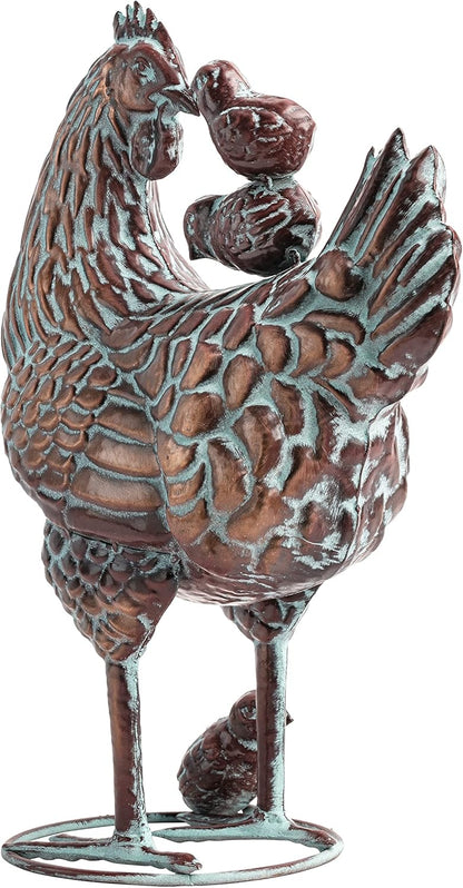 Metal Hen with Chicks Statues Yard Art, 13.5"x18" Metal Hen Chicken Figurine Decor, Vintage Outdoor Garden Statue Sculpture, Lifelike Garden Mother Hen & Baby Chick Sculptures for Chicken Lovers