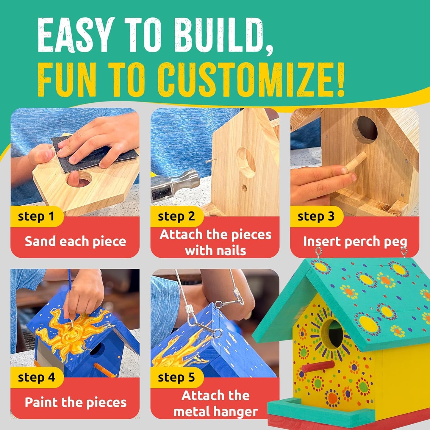 SparkJump Jr Bird House Kit, DIY Cedar Wood Birdhouse for Outdoors with Paint, Fun for Kids & Adults, Bird House Making Kit for All Ages (1-Pack)