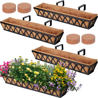 Window Box Railing, 36 Inch Black Metal Hanging Flower Planter Basket with Coco Liner for Outdoor Balcony Porch Fence Patio for Home, Office and Hotel (Black - 4 Pcs/Set)