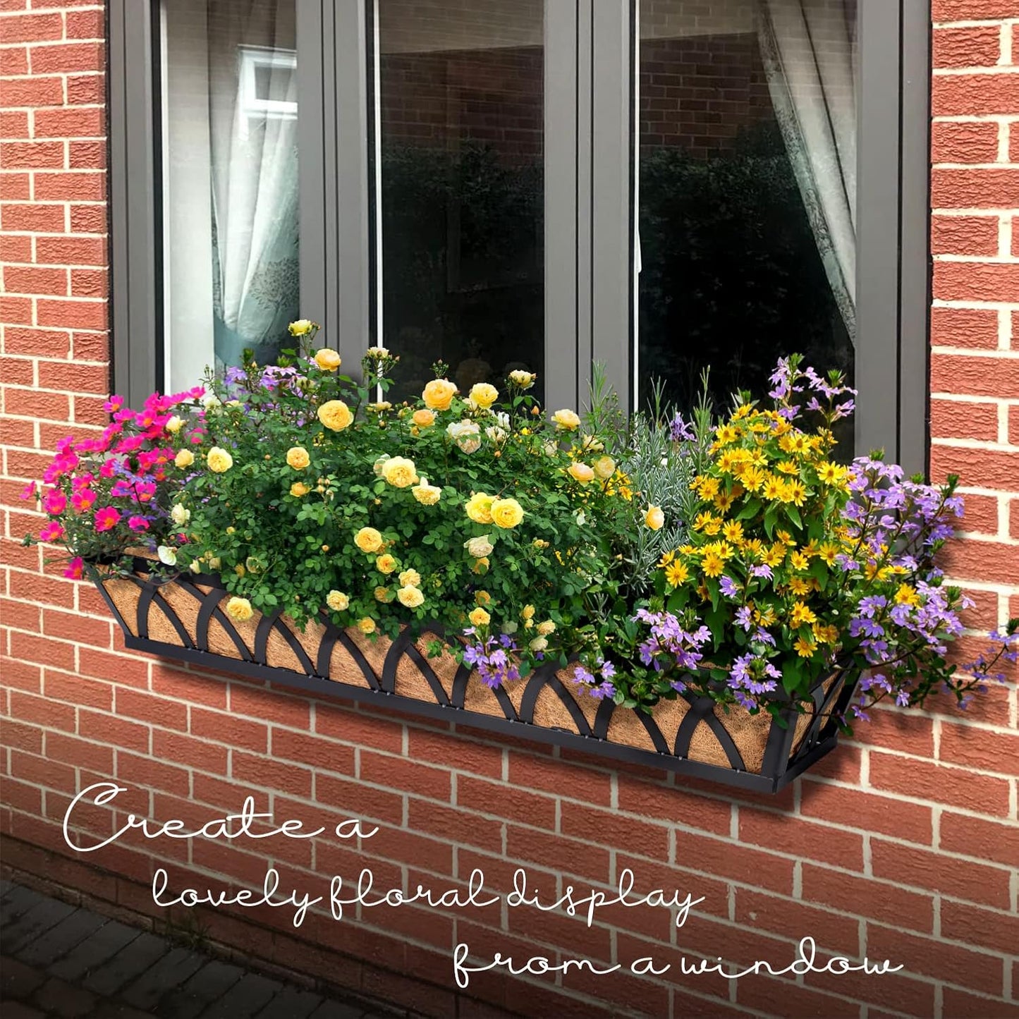 Window Box Railing, 36 Inch Black Metal Hanging Flower Planter Basket with Coco Liner for Outdoor Balcony Porch Fence Patio for Home, Office and Hotel (Black - 2 Pcs/Set)