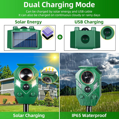 Solar Animal Repellert Outdoor Supplement USB Rechargeable Cat Repeller Outdoor Squirrel Rabbit Fox Adjustable Frequency Deer Repellent Devices with Light and Motion Detection