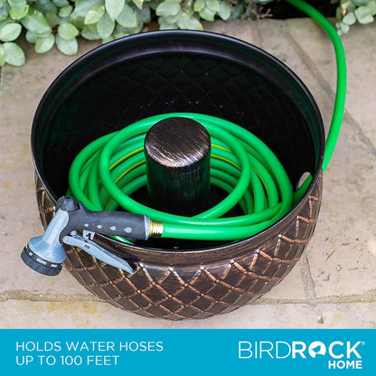 BIRDROCK HOME Water Hose Holder - Decorative Metal Pot, Indoor or Outdoor, Garden Storage Organizer, Patio Portable Bucket - Embossed Steel w/Copper Accents, Holds up to 100ft Hoses, Medium No Lid