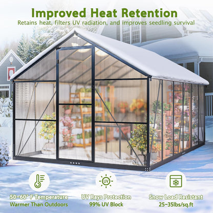 Wanan 12x8FT Greenhouses for Outdoors, Quick Assembly Polycarbonate Green House with UV Protection, Heavy Duty Windproof Aluminum Frame, Adjustable Roof Vent for Backyard or Outdoor Garden Use