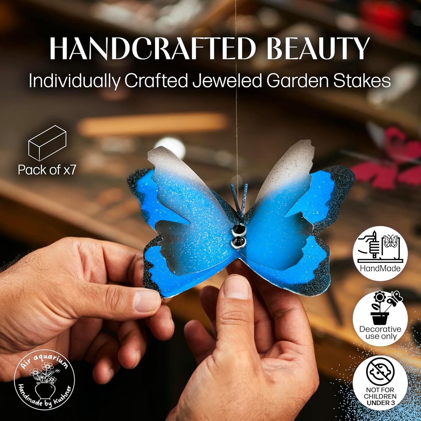 Handmade Butterfly Garden Stakes – Set of 7 Sky Blue Decorative Butterflies Idea for Garden & Nature Lovers – Outdoor & Indoor Garden Decor – Air Aquarium Handmade by Kushner