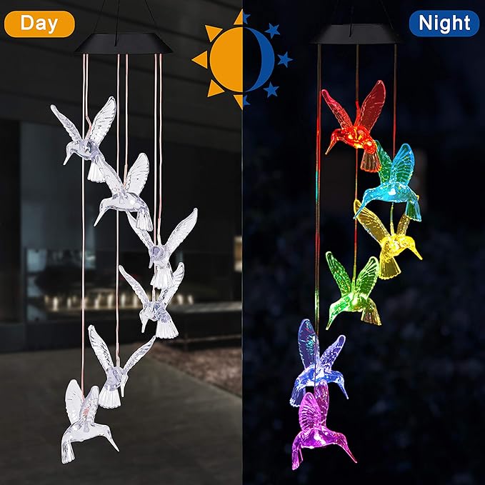 Solar Hummingbird Wind Chimes Outdoor-Waterproof Solar Powered LED Changing Light Color Hummingbirds Mobile Romantic Wind Chime for Mom Gifts, Home,Party,Festival,Night Garden Decoration(Blackboard)