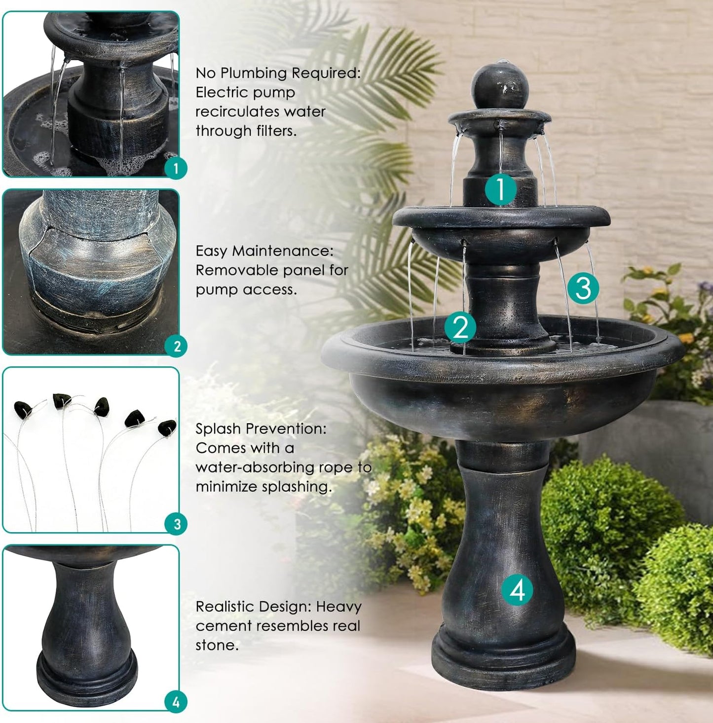 SunJet 45.2" High 3-Tiers Modern Concrete Outdoor Water Fountain - Round Large Outdoor Fountains and Waterfalls for Garden, Patio, Yard, and Deck Decor, Featuring Natural Stone Look (Black, 45.2inch)