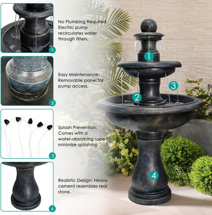 SunJet 45.2" High 3-Tiers Modern Concrete Outdoor Water Fountain - Round Large Outdoor Fountains and Waterfalls for Garden, Patio, Yard, and Deck Decor, Featuring Natural Stone Look (Black, 45.2inch)