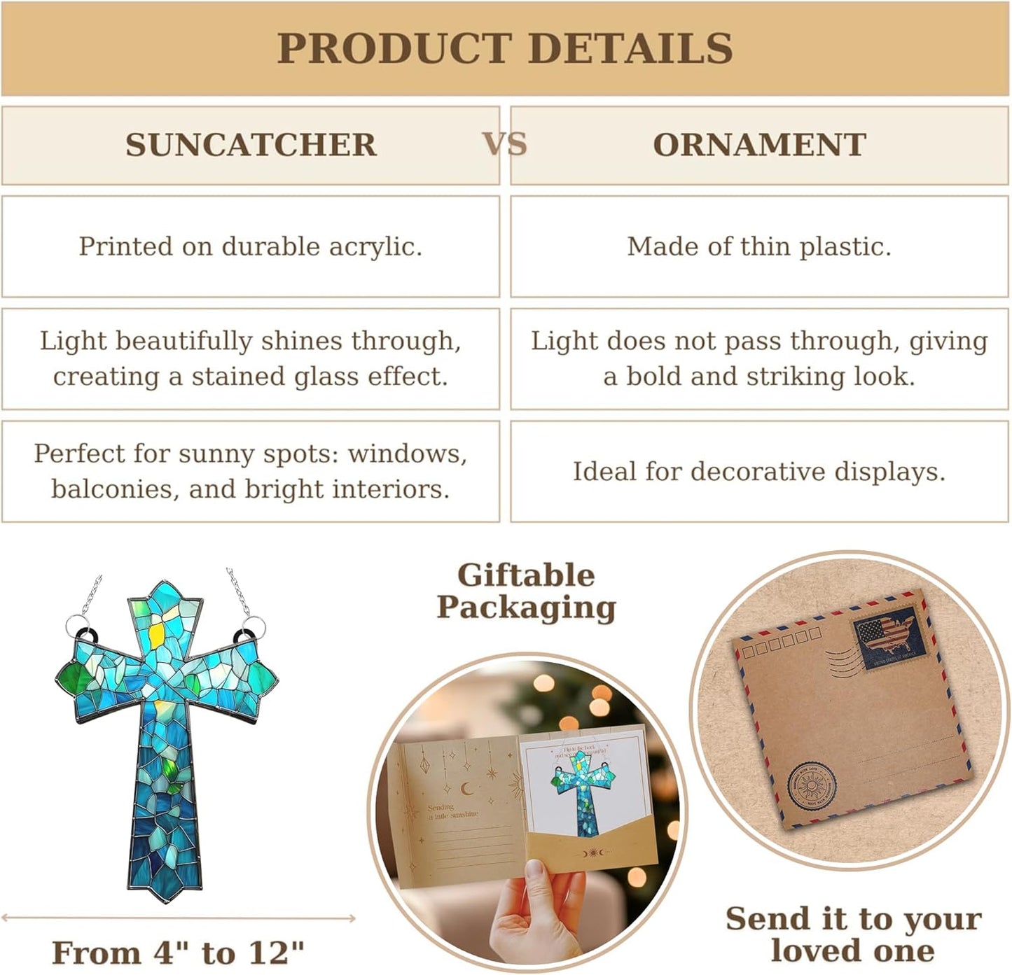 Mosaic Cross Acrylic Suncatcher Stained Glass Effect Window Car Hanging Christmas Ornament Indoor Outdoor Decor Garden Jesus Sun Catcher Panels for Family Christmas Jesus Gift for Women Mom Grandma