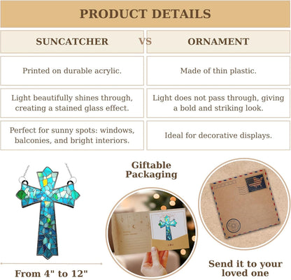 Mosaic Cross Acrylic Suncatcher Stained Glass Effect Window Car Hanging Christmas Ornament Indoor Outdoor Decor Garden Jesus Sun Catcher Panels for Family Christmas Jesus Gift for Women Mom Grandma