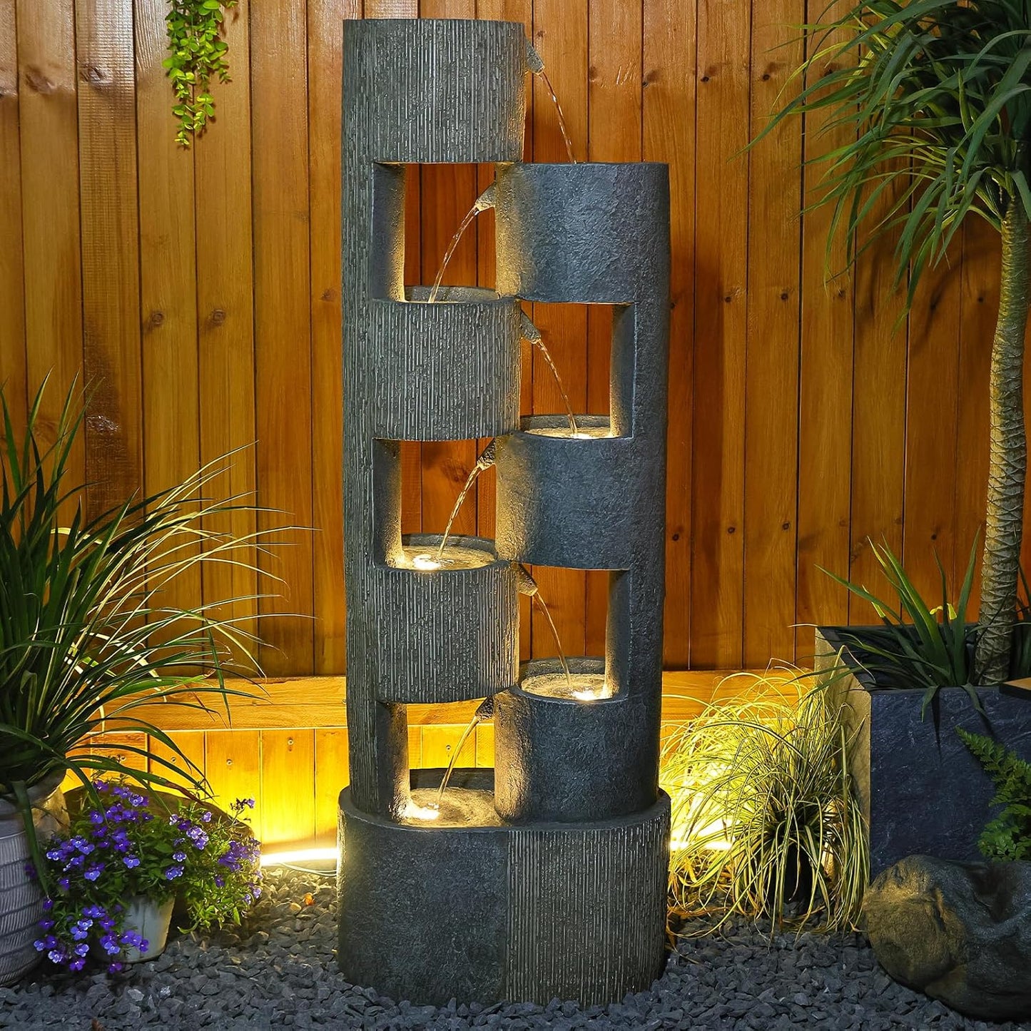 51 Inch Outdoor Water Fountain with LED Lights Tiered Waterfall Fountain Garden Water Feature Durable Resin Fiberglass with Pump Stones Weatherproof Indoor Outdoor Patio Decor