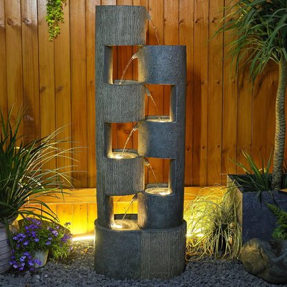 51 Inch Outdoor Water Fountain with LED Lights Tiered Waterfall Fountain Garden Water Feature Durable Resin Fiberglass with Pump Stones Weatherproof Indoor Outdoor Patio Decor