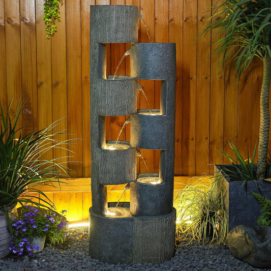 51 Inch Outdoor Water Fountain with LED Lights Tiered Waterfall Fountain Garden Water Feature Durable Resin Fiberglass with Pump Stones Weatherproof Indoor Outdoor Patio Decor