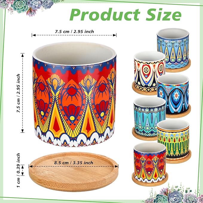 Zopeal 6 Pcs 3 Inch Succulent Pots Succulent Planters Cylinder Ceramic Pots Mandala Multicolor Cactus Pot with Drainage Holes and Bamboo Trays for Indoor Plants Flowers Garden Decoration(Basic)