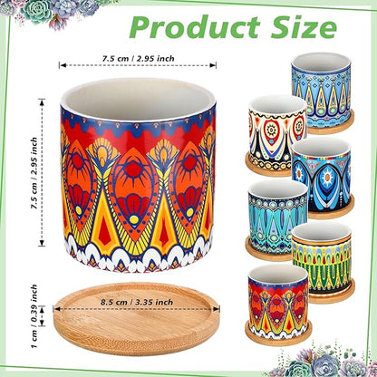 Zopeal 6 Pcs 3 Inch Succulent Pots Succulent Planters Cylinder Ceramic Pots Mandala Multicolor Cactus Pot with Drainage Holes and Bamboo Trays for Indoor Plants Flowers Garden Decoration(Basic)