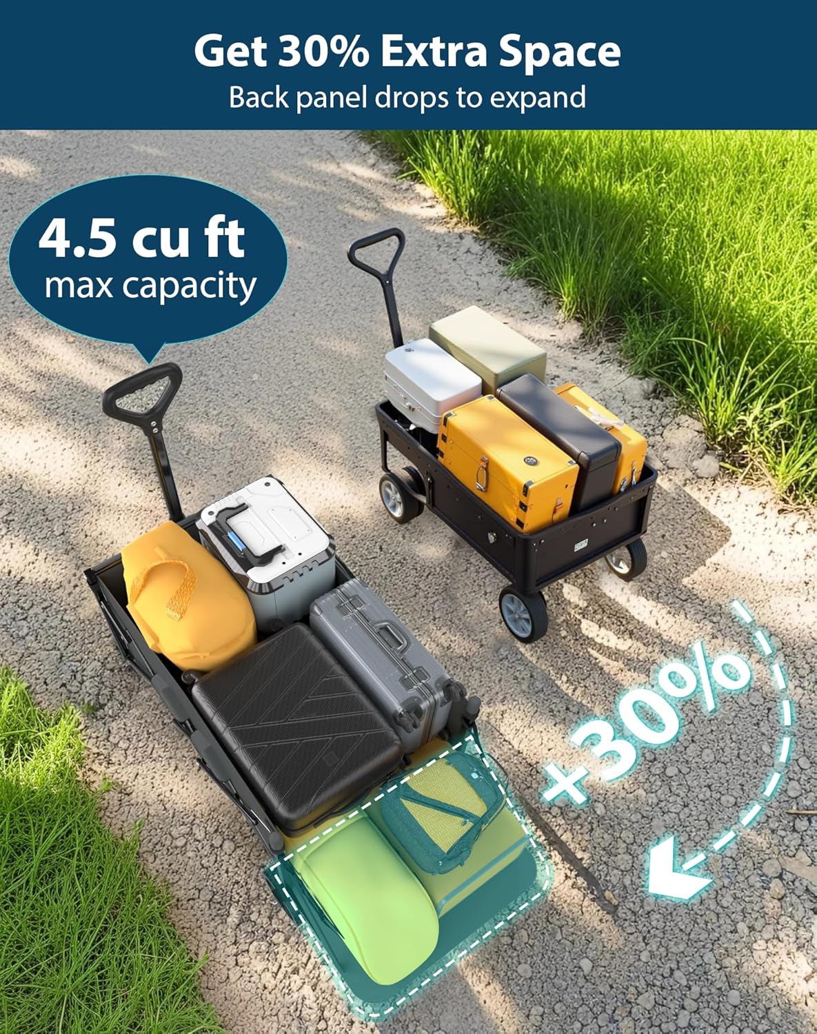 Lightweight Folding Wagon, Large Capacity Collapsible Grocery Cart on Big Wheels, Heavy Duty Foldable Shopping Carts, All-Terrain Outdoor Utility Carts, 4.5 Cu Ft, Grey