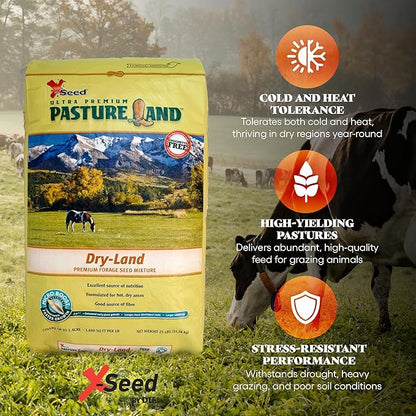 X-Seed Pasture Land Dry-Land Forage Seed Mixture with Micro-Boost – Tall Fescue Orchard Grass Ryegrass Endophyte Free Pasture for Safe Nutrition of Livestock, Formulated for Dry Areas – 25-Pound Bag