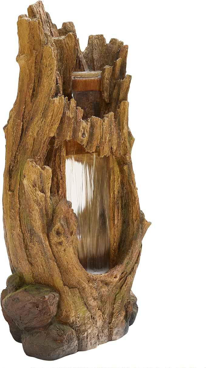 Alpine Corporation TZL338 Outdoor 3 Tier Waterfall Tree Trunk Floor Fountain with LED Lights for Patio, and Lawn Decor, 59 Inches Tall