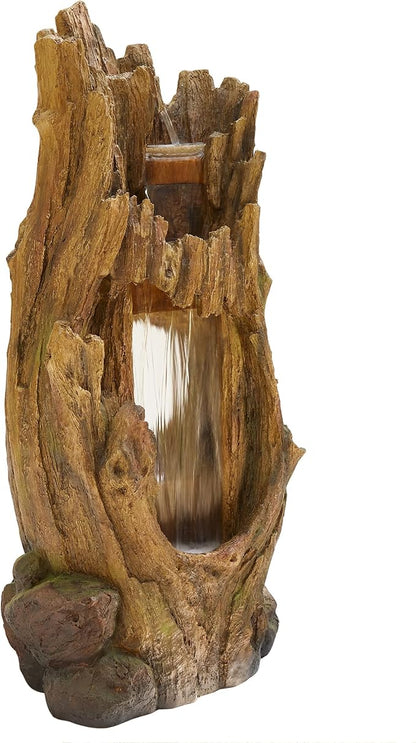 Alpine Corporation TZL338 Outdoor 3 Tier Waterfall Tree Trunk Floor Fountain with LED Lights for Patio, and Lawn Decor, 59 Inches Tall