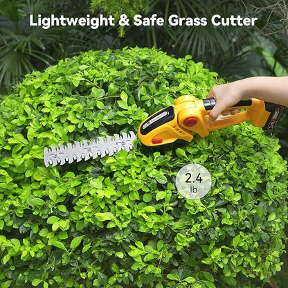 Hedge Trimmer Cordless, TOOVEM 2 in 1 Handheld Cordless Grass Shear with 2 Pcs Rechargeable Batterys and Charger, 24V Electric Weed Grass Cutter Shrubbery Trimmer for Garden, Lawn (Yellow)