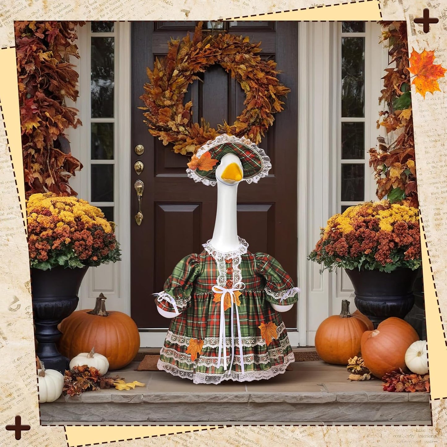 Suzile Fall Porch Goose Outfit Thanksgiving Geese Clothes for 23" High Cement or Plastic Goose Costume Plaid Dresses for Yard Lawn Outdoor Garden Patio Statue Autumn Xmas Holiday Decor