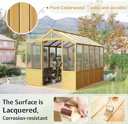Jocisland 6x8x6.5 Ft Wooden Greenhouse, Pre-Assembled Solid Cedar Frame, Walk-in Design, Lockable Door, Adjustable Roof Vents, Polycarbonate Panels for Outdoor, Garden, Backyard