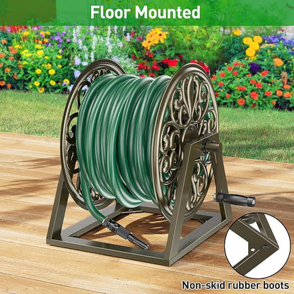 GOFORWILD Garden Wall/Floor Mount Hose Reel, Decorative Hose Reel, Garden Heavy-Duty Water Hose Holder Winder, Holds 200-Feet of 5/8-Inch Hose
