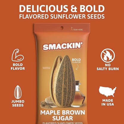 SMACKIN' Sunflower Seeds, Roasted Jumbo Small-Batch, American Made - Maple Brown Sugar. 1.5oz bags (6 Pack)