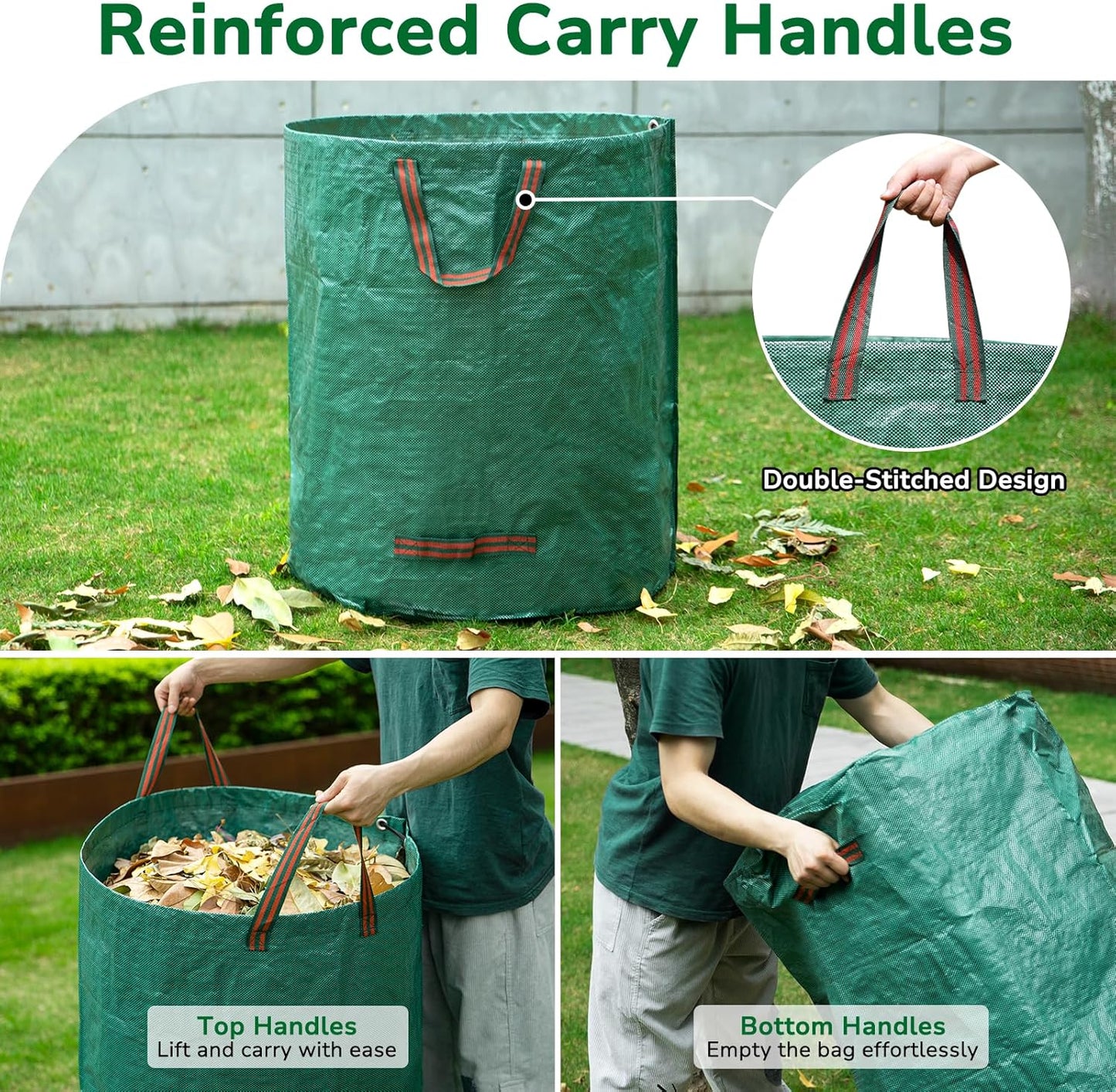 GreatBuddy 32 Gallon Reusable Yard Waste Bag, Heavy Duty, Upright Lawn Bags with 4 Reinforced Handles for Garden Leaves and Waste Collection, Lightweight and Portable (3 Pack)