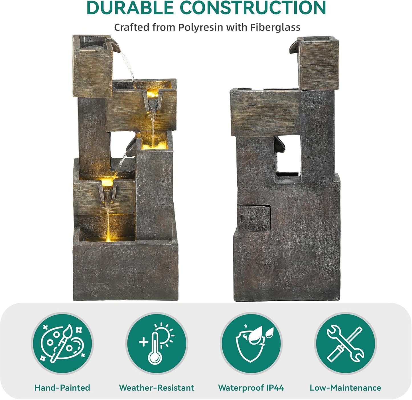 32.5" Modern Outdoor Water Fountain with LED Lights, 5-Tier Stacked Blocks Garden Fountain Cascading Waterfall Feature for Relaxing Garden, Patio, Backyard, Deck, Porch or Home Décor