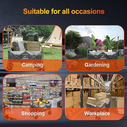 Collapsible Foldable Wagon, Utility Large Capacity Beach Wagon with Big Wheels, Shopping Cart with Side Pocket and Brakes for Sand, Garden, Grocery, Sports, Camping, Black