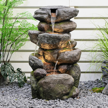 Outdoor Water Fountain 4-Tiers Rock Cascading Indoor Floor-Standing Resin Bubbler Fountain Features Garden, Patio, Yard, Lawn and Home Art Decor, 29“H