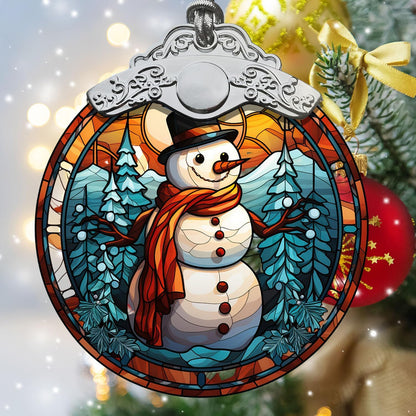 Pine Tree Forest Christmas Snowman Stained Glass Ornament, Holiday Decor for Xmas