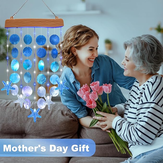 Toodour Solar Wind Chimes for Outside, Birthday Gifts for Women Mom Grandma, Waterproof 2 Modes Shells Solar Powered Outdoor Lights for Patio Holiday Garden Porch Yard Outdoor Decor - White & Blue