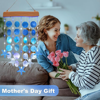 Toodour Solar Wind Chimes for Outside, Birthday Gifts for Women Mom Grandma, Waterproof 2 Modes Shells Solar Powered Outdoor Lights for Patio Holiday Garden Porch Yard Outdoor Decor - White & Blue
