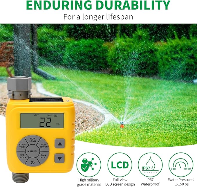 Sprinkler Timer, Programmable Irrigation Water Timer for Garden Hose, Solar/Battery Dual Power & Professional Leak-Proof Design, Rain Delay/Auto/Manual Watering System, Yellow